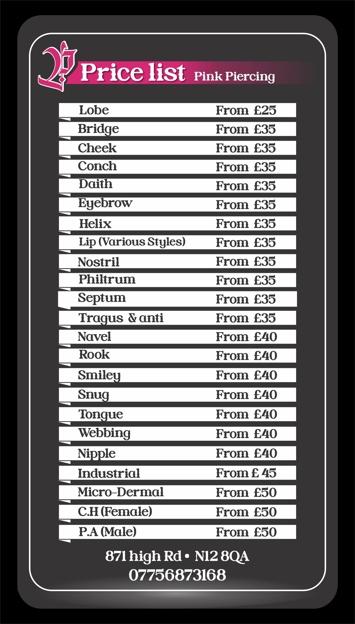 piercing price list